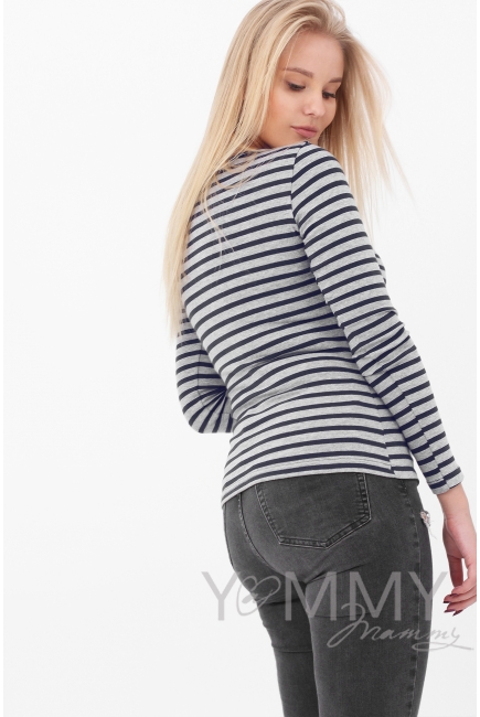 Лонгслив для беременных и кормящих, серый в синюю полоску