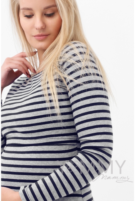 Лонгслив для беременных и кормящих, серый в синюю полоску
