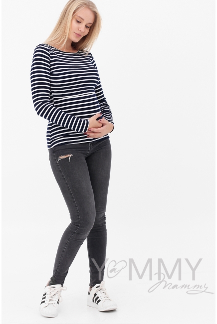 Лонгслив для кормящих и кормящих, темно-синий в белую полоску