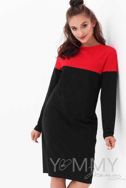 Платье для кормящих и беременных двухцветное, цвет черный/красный