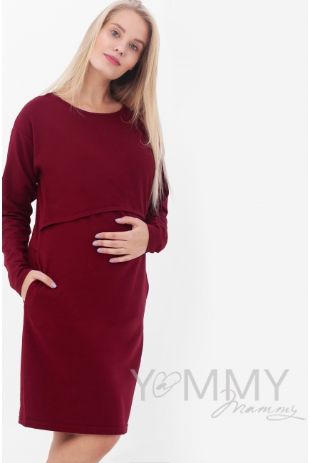 Платье для кормящих и беременных с длинным рукавом с карманами, марсала