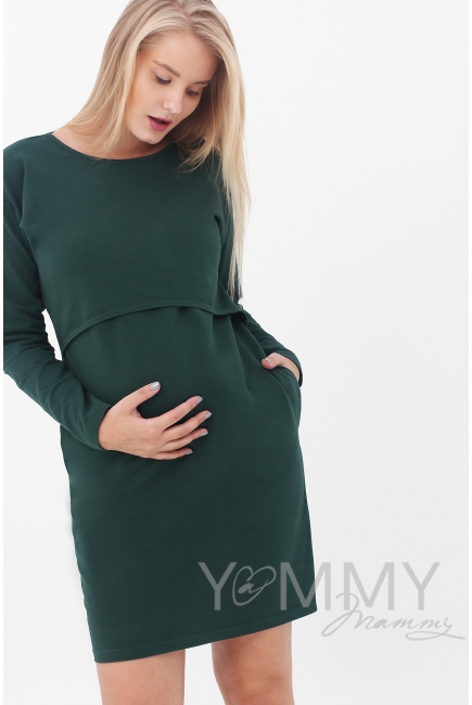 Платье для беременных и кормящих с длинным рукавом с карманами, милитари