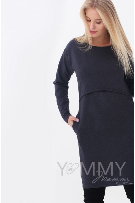 Платье для беременных и кормящих с длинным рукавом с карманами, цвет темно-синий меланж