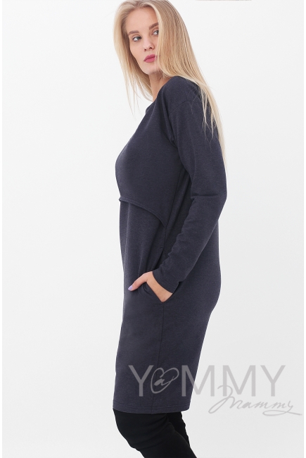 Платье для беременных и кормящих с длинным рукавом с карманами, цвет темно-синий меланж