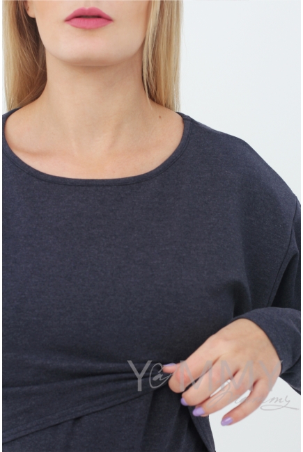 Платье для беременных и кормящих с длинным рукавом с карманами, цвет темно-синий меланж