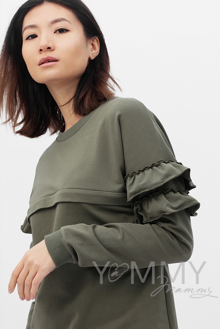 Свитшот для беременных и кормящих с воланчиками, цвет хаки