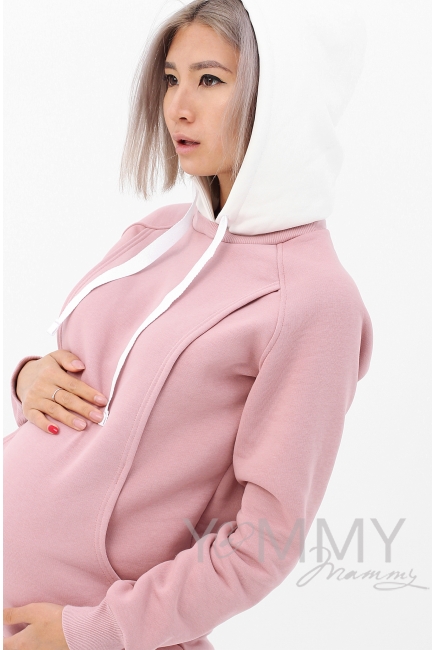 Толстовка для беременных и кормящих с капюшоном, пудрово-розовая