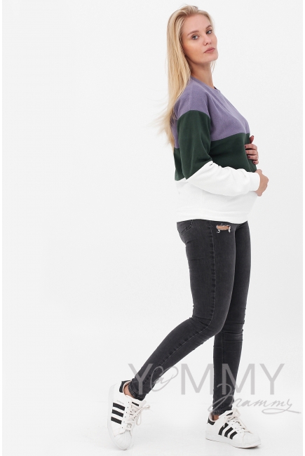 Толстовка для кормящих и беременных трехцветная, экрю-лаванда-зеленый