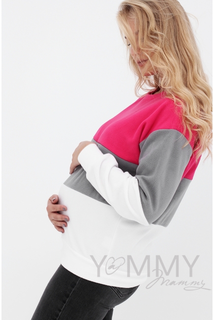 Толстовка для беременных и кормящих трехцветная, экрю-малина-серый