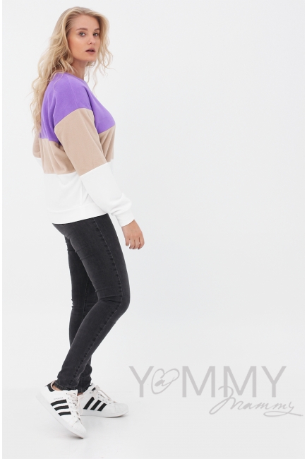 Толстовка для кормящих и беременных трехцветная, цвет экрю-сирень-серый