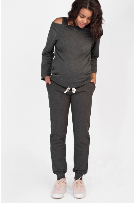 Универсальные спортивные брюки из футера темно-серый меланж для кормящих