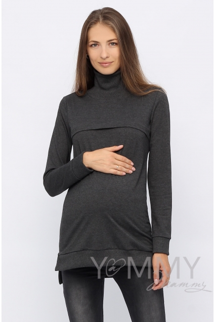 Джемпер для беременных и кормящих с высоким горлом, темно-серый меланж