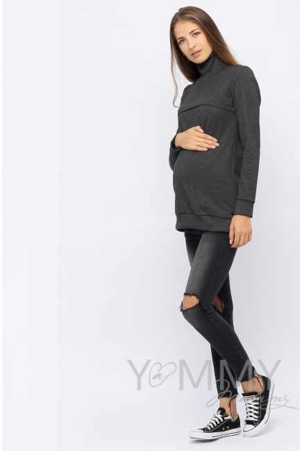 Джемпер для беременных и кормящих с высоким горлом, темно-серый меланж