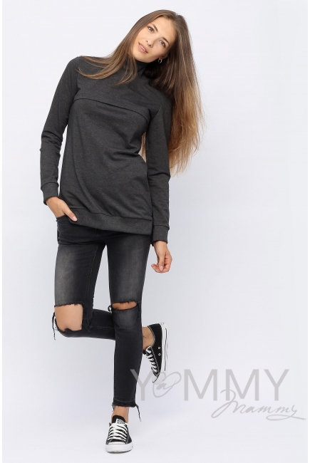 Джемпер для беременных и кормящих с высоким горлом, темно-серый меланж