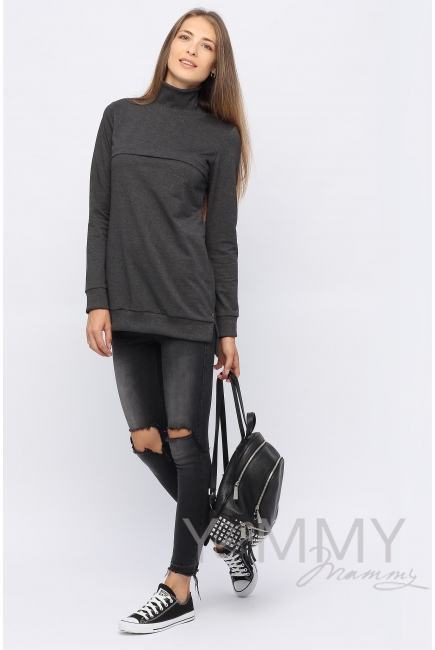 Джемпер для беременных и кормящих с высоким горлом, темно-серый меланж