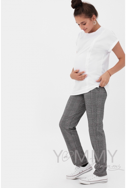Брюки для беременных и кормящих универсальные в клеточку, серые