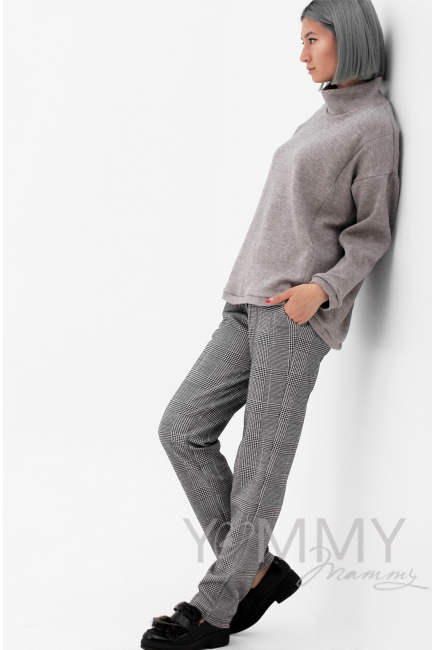 Брюки для беременных и кормящих универсальные в клеточку, серые