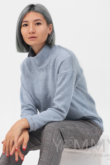 Джемпер для беременных и кормящих с воротником стойкой, цвет голубой меланж