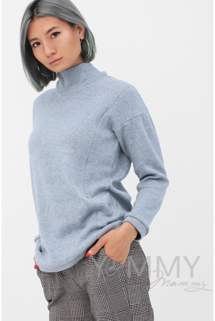 Джемпер для беременных и кормящих с воротником стойкой, цвет голубой меланж