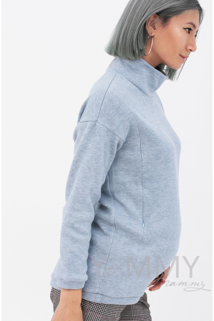 Джемпер для беременных и кормящих с воротником стойкой, цвет голубой меланж