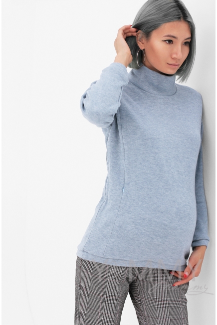 Джемпер для беременных и кормящих с воротником стойкой, цвет голубой меланж