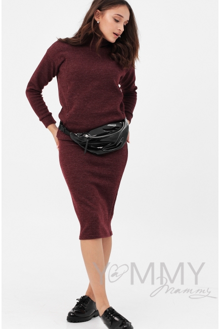 Костюм для беременных и кормящих утепленный джемпер + юбка, цвет бургунди