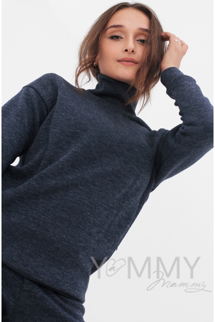 Костюм для беременных и кормящих из плотного вязанного трикотажа, темно-синий меланж