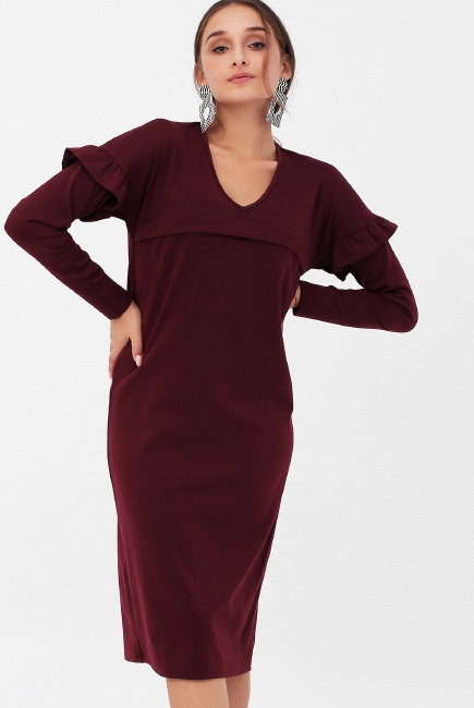 Платье для кормящих и беременных с воланчиками на рукавах, цвет винный