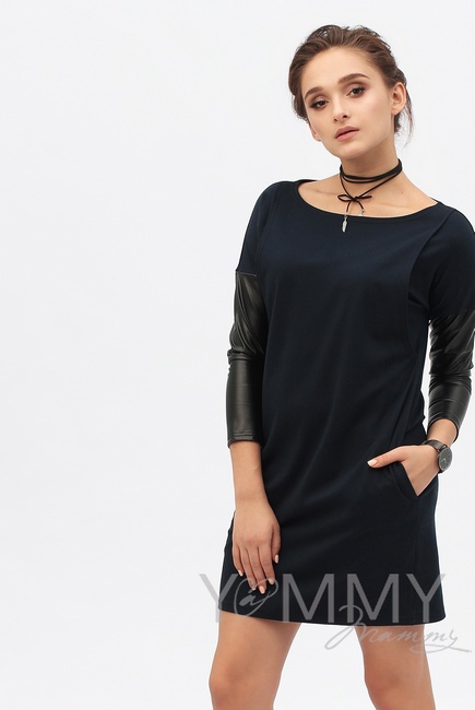 Платье-туника для беременных и кормящих, темно-синее