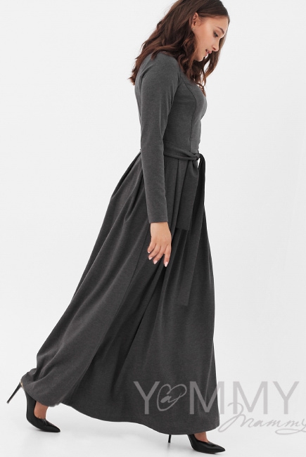 Платье для кормящих и беременных в пол, юбка со складками , цвет темно - серый меланж