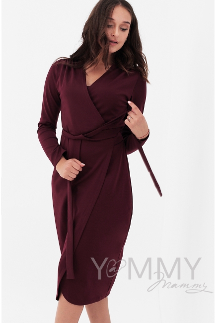 Платье для беременных и кормящих миди на запах, винный