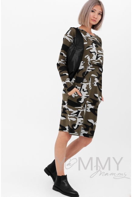 Платье для кормящих и беременных с длинным рукавом с карманами, камуфляж