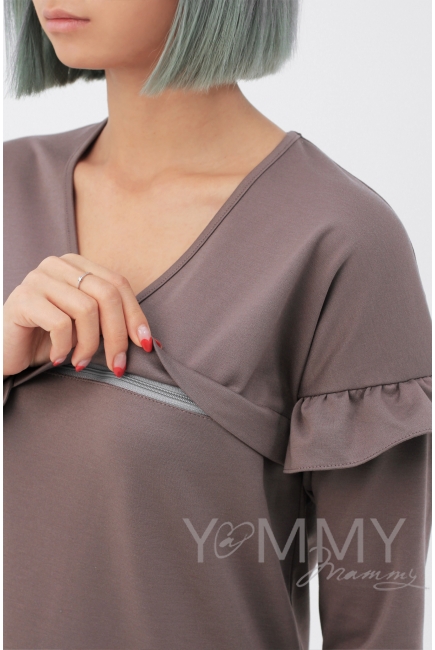 Платье для беременных и кормящих с воланчиками на рукавах, капучино