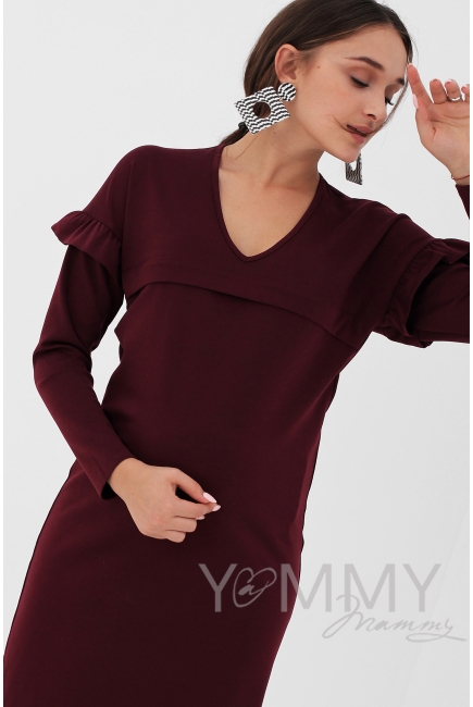 Платье для кормящих и беременных с воланчиками на рукавах, цвет винный