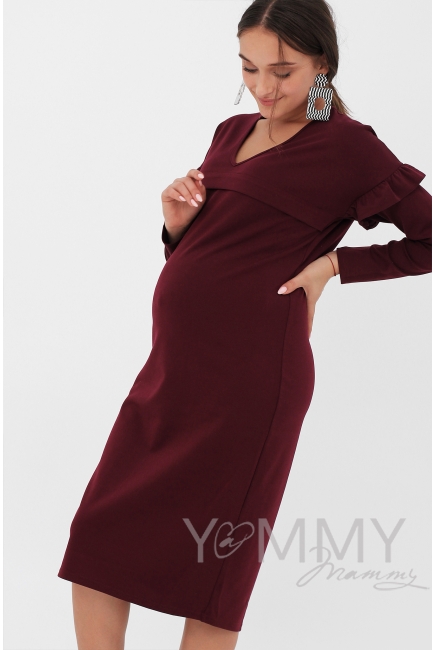 Платье для кормящих и беременных с воланчиками на рукавах, цвет винный