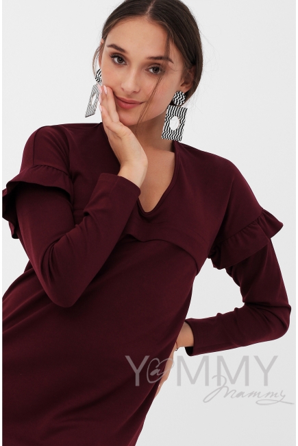 Платье для кормящих и беременных с воланчиками на рукавах, цвет винный