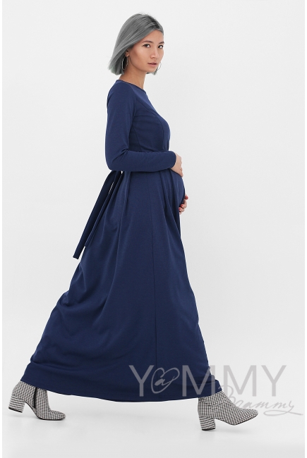 Платье для кормящих и беременных в пол, юбка со складками, индиго