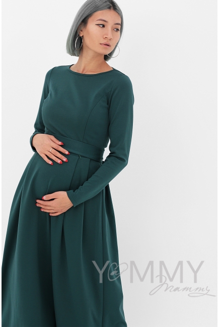 Платье для кормящих и беременных в пол, юбка со складками, изумрудное