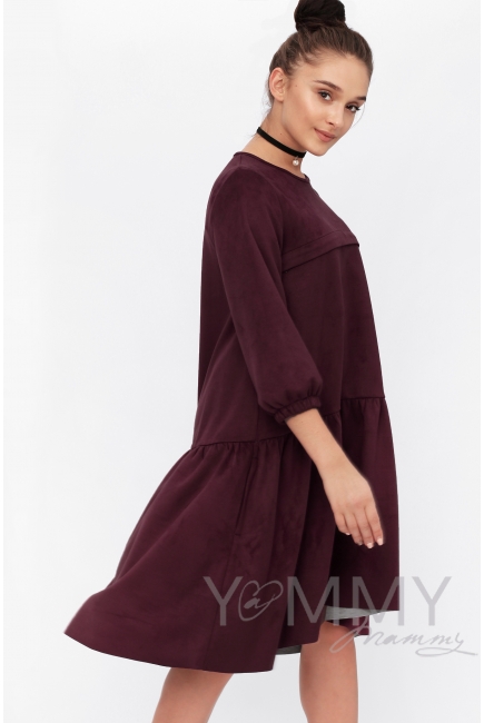 Платье для кормящих и беременных с воланом, с карманами замшевое, цвет бургунди
