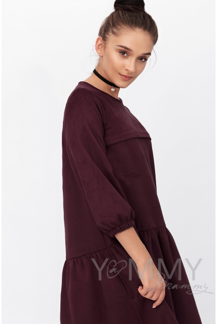 Платье для кормящих и беременных с воланом, с карманами замшевое, цвет бургунди