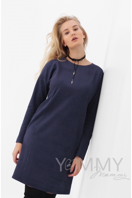 Платье для беременных и кормящих замшевое, темно-синее