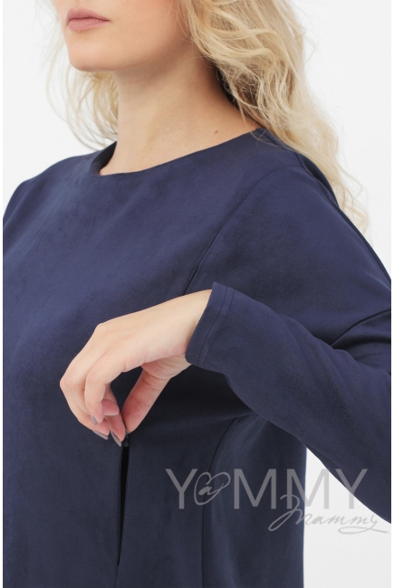 Платье для беременных и кормящих замшевое, темно-синее