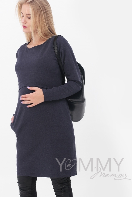 Платье для беременных и кормящих с длинным рукавом с карманами, цвет темно-синий меланж