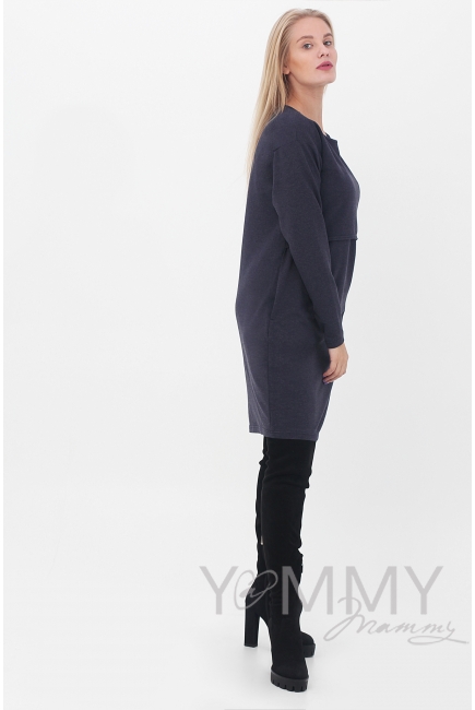 Платье для беременных и кормящих с длинным рукавом с карманами, цвет темно-синий меланж