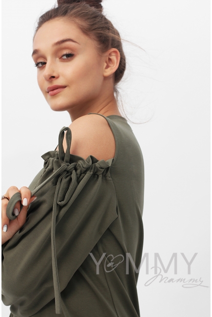 Свитшот для кормящих и беременных с вырезами на плечах, цвет хаки