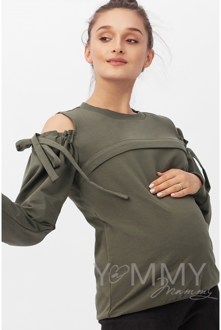 Свитшот для кормящих и беременных с вырезами на плечах, цвет хаки
