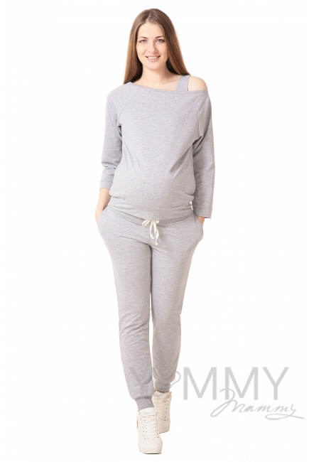 Джемпер для беременных и кормящих со спущенным плечом, светло-серый меланж