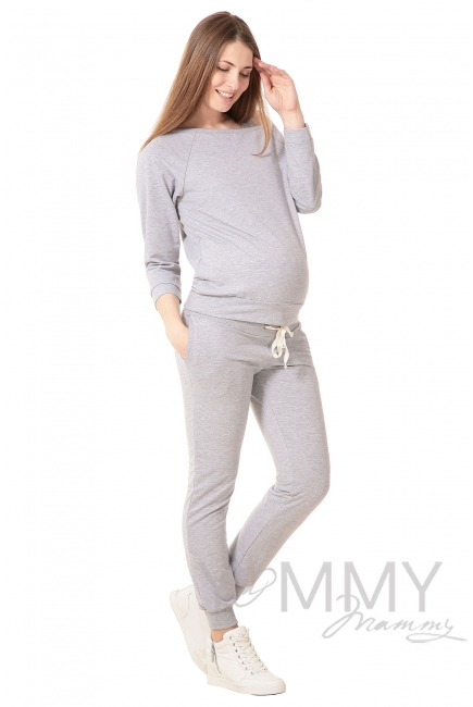 Джемпер для беременных и кормящих со спущенным плечом, светло-серый меланж