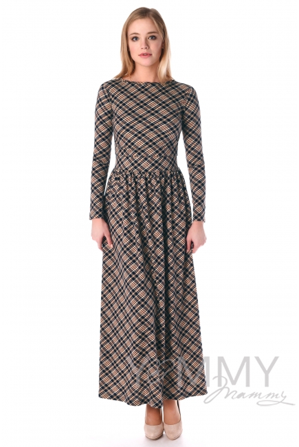 Платье длинное с карманами в бежевую/темно-синюю клетку для беременных
