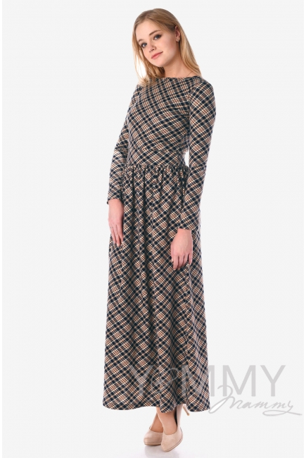 Платье для беременных и кормящих с карманами, в бежевую/темно-синюю клетку